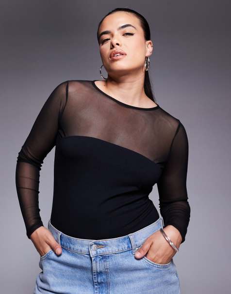 ASOS DESIGN Curve mesh mix panel long sleeve bodysuit in black