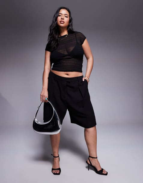 ASOS DESIGN Curve tailored linen look longline city shorts in black