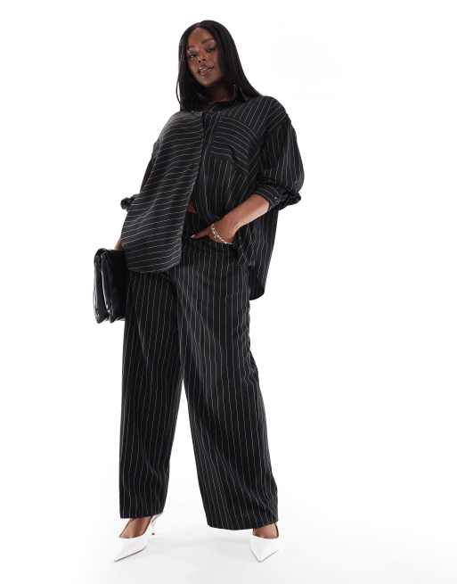 ASOS DESIGN Curve – Czarne luźne spodnie z prostymi nogawkami i 5 kieszeniami w paski, część zestawu
