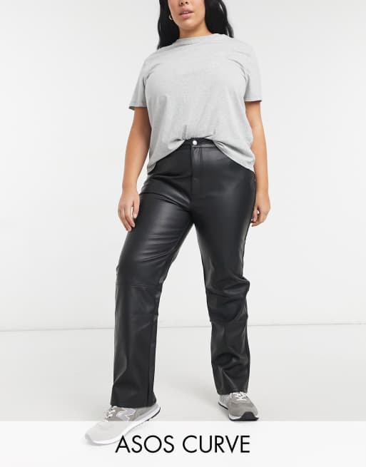 ASOS DESIGN Curve – Czarne poliuretanowe spodnie w stylu lat 90. ze średnim stanem i prostymi nogawkami