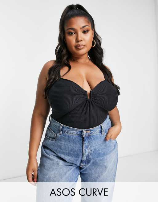 ASOS DESIGN Curve – Czarne prążkowane body na ramiączkach z metalową wstawką