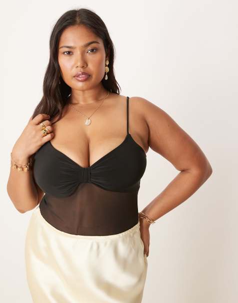 ASOS DESIGN Curve slinky twist bust mesh cami bodysuit in black