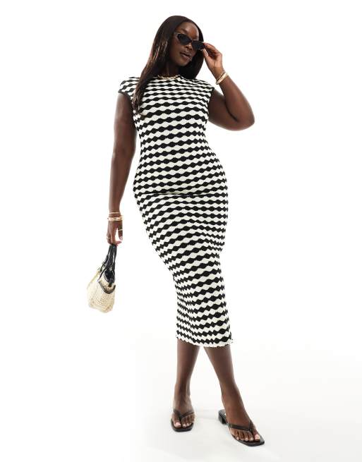 ASOS DESIGN Curve – Czarno-biała szydełkowana sukienka midi w paski z rękawami zakrywającymi ramiona