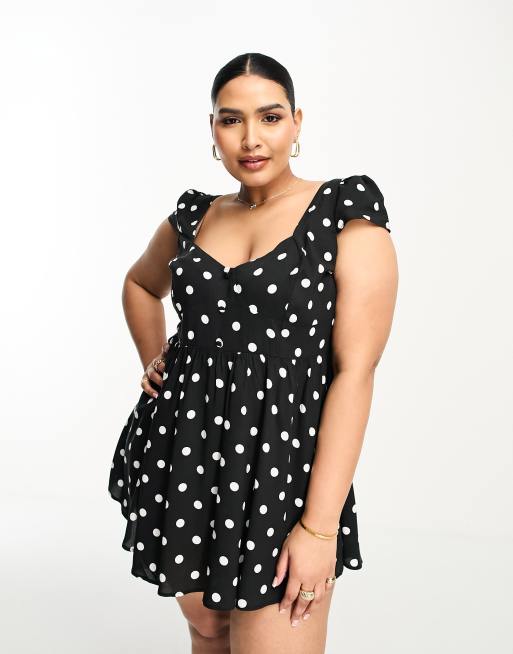 ASOS DESIGN Curve – Czarno-biała zapinana na guziki sukienka mini z ozdobnym dekoltem z wiskozy w kropki