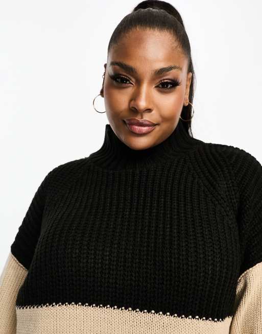 ASOS DESIGN Curve – Czarno-camelowy sweter z golfem i blokami kolorów, 3 z 4