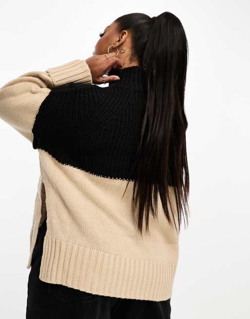 ASOS DESIGN Curve – Czarno-camelowy sweter z golfem i blokami kolorów, 4 z 4