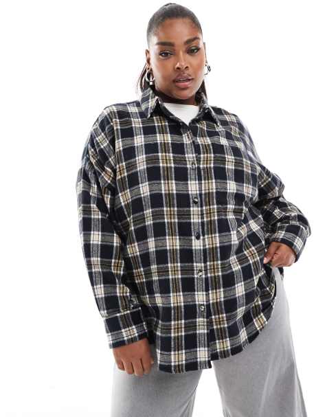 ASOS DESIGN Curve – Czarno-kremowa flanelowa koszula oxford w kratę - view 1