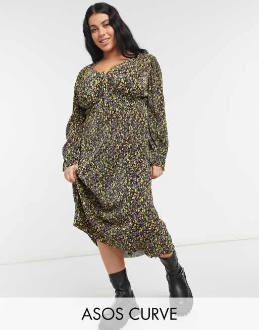 ASOS DESIGN Curve – Czarno-żółta plisowana sukienka midi z długim rękawem, dekoltem w szpic i wzorem w drobne kwiaty