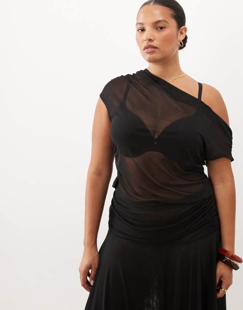 ASOS DESIGN Curve – Czarny asymetryczny top na jedno ramię z prześwitującej siateczki z marszczeniem - view 1