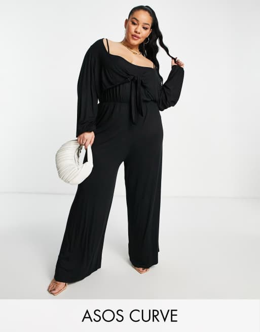 ASOS DESIGN Curve – Czarny kombinezon wiązany z przodu