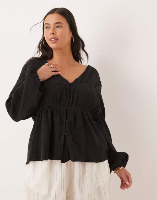 ASOS DESIGN Curve – Czarny, luźny top z długimi rękawami, zapinany na guziki z przodu