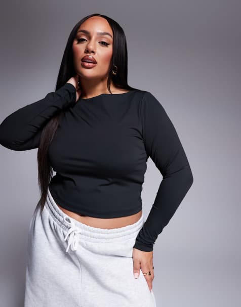 ASOS DESIGN Curve – Czarny modelujący top z dekoltem w łódkę i długimi rękawami - view 1