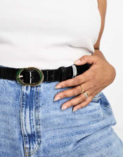 ASOS DESIGN Curve – Czarny pasek na biodra i talię z klamrą z dwoma obręczami i z krokodylim wzorem 