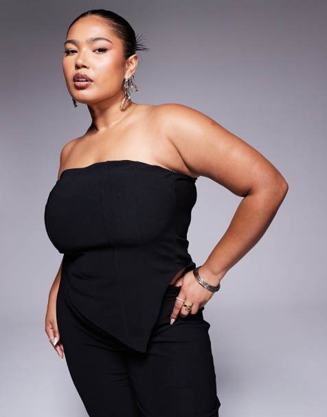 ASOS DESIGN Curve – Czarny prążkowany gorset z dekoltem bandeau, część zestawu - view 1