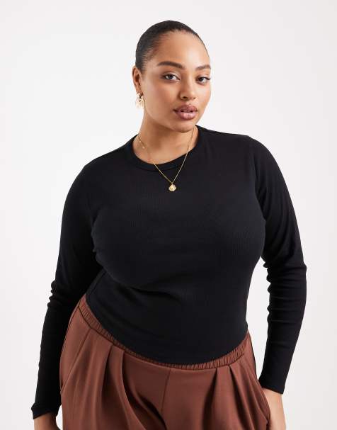 ASOS DESIGN Curve – Czarny prążkowany top z długimi rękawami i okrągłym dekoltem - view 1