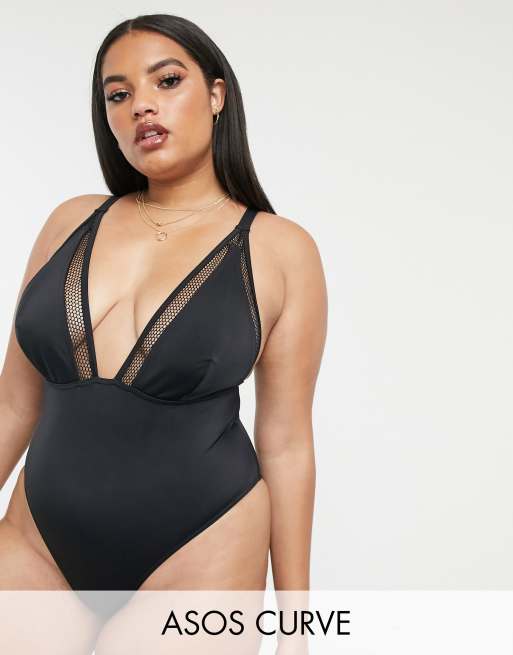 ASOS DESIGN – Curve – Czarny strój kąpielowy z głębokim dekoltem i wstawką z siateczki