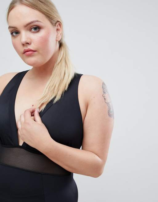 ASOS DESIGN Curve – Czarny strój kąpielowy ze wstawką z siateczki, 4 z 4