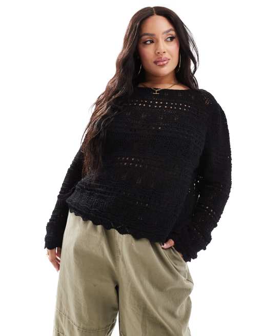 ASOS DESIGN Curve – Czarny sweter z okrągłym dekoltem i ozdobnym wzorem