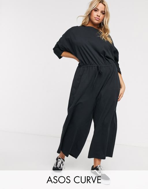 ASOS DESIGN Curve – Czarny, swobodny kombinezon domowy w stylu casual z wiązaniem w talii z dżerseju typu slub