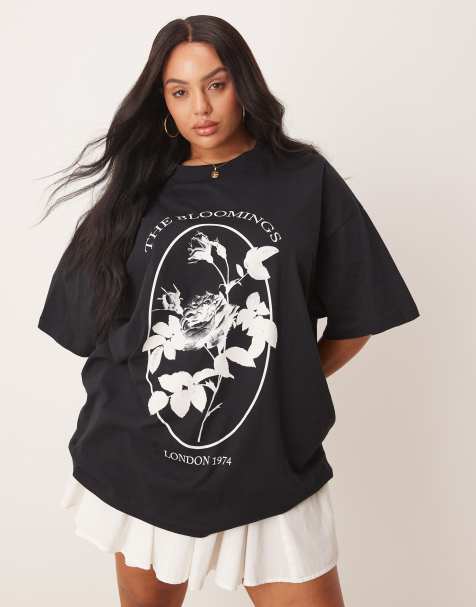 ASOS DESIGN Curve – Czarny T-shirt oversize z grafiką kwiatów - view 1