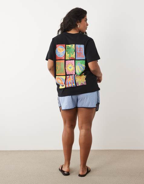 ASOS DESIGN Curve – Czarny T-shirt oversize z grafiką owoców tropikalnych - view 1
