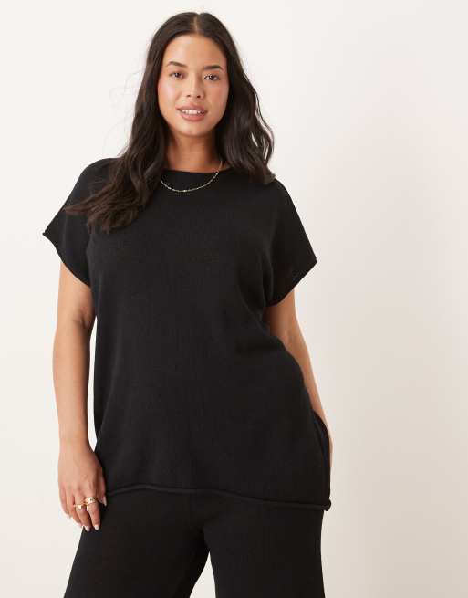 ASOS DESIGN Curve – Czarny T-shirt z dzianiny o nieregularnej fakturze, część zestawu