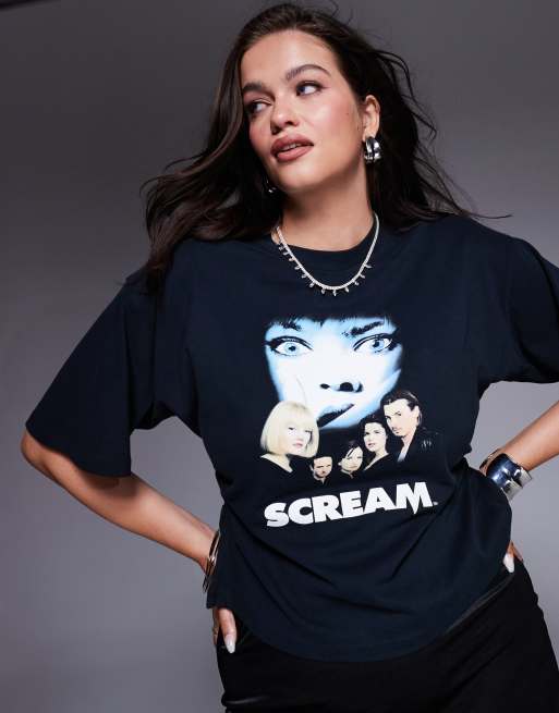 ASOS DESIGN Curve – Czarny T-shirt z gorsetową talią z licencjonowaną grafiką Scream