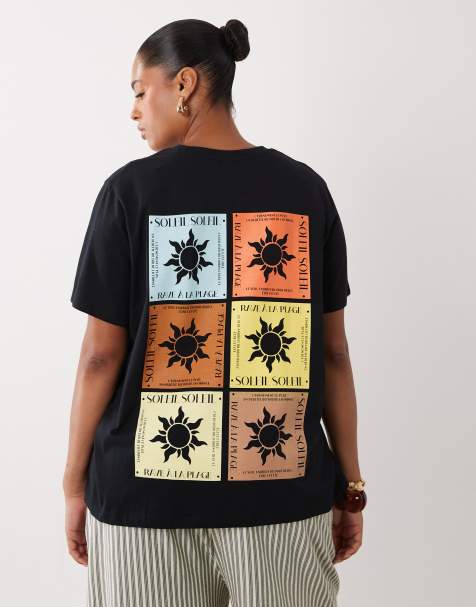 ASOS DESIGN Curve – Czarny T-shirt z grafiką z motywem słońca i napisem „Soleil” - view 1