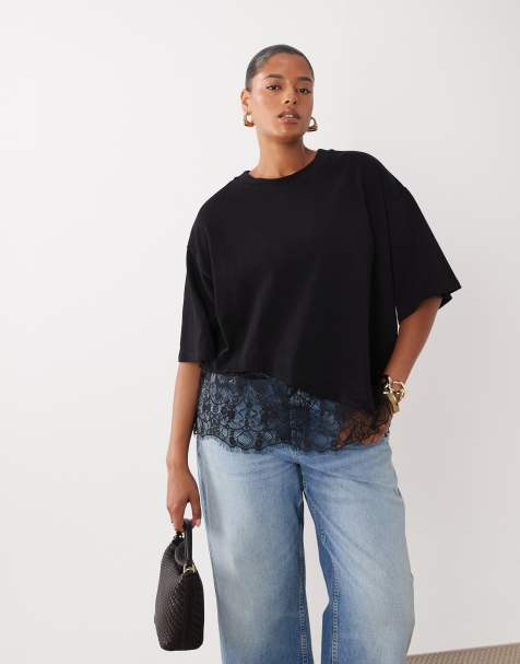 ASOS DESIGN Curve – Czarny T-shirt z krótkimi rękawami i koronkowym wykończeniem - view 1