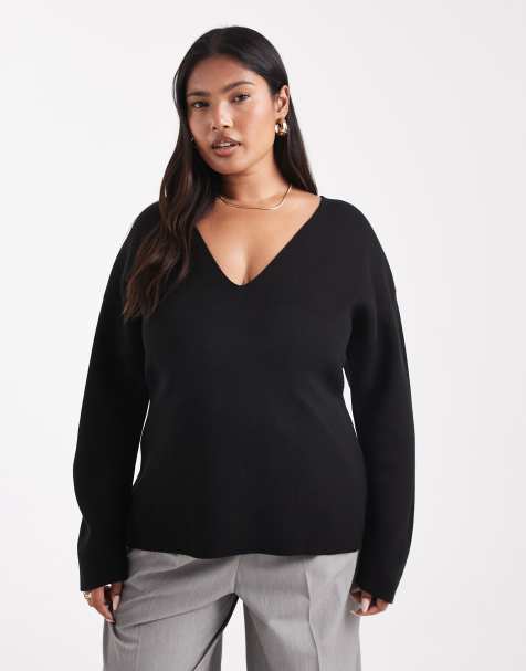 ASOS DESIGN Curve low v neck waisted top in black
