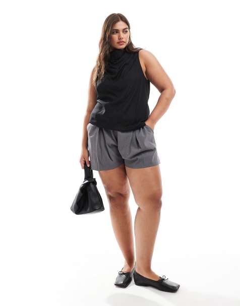 ASOS DESIGN Curve – Czarny top bez rękawów z drapowanym dekoltem z domieszką lnu - view 1