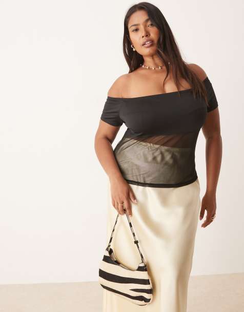 ASOS DESIGN Curve – Czarny top z dekoltem bardot i siateczkową wstawką - view 1