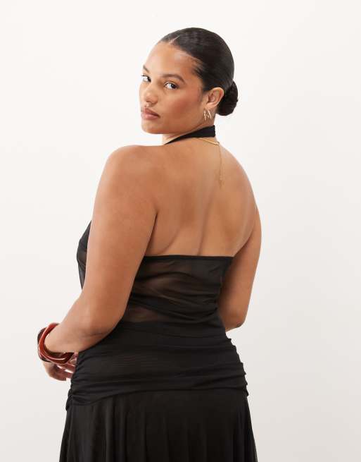 ASOS DESIGN Curve – Czarny top z dekoltem typu halter z prześwitującej siateczki, 4 z 4