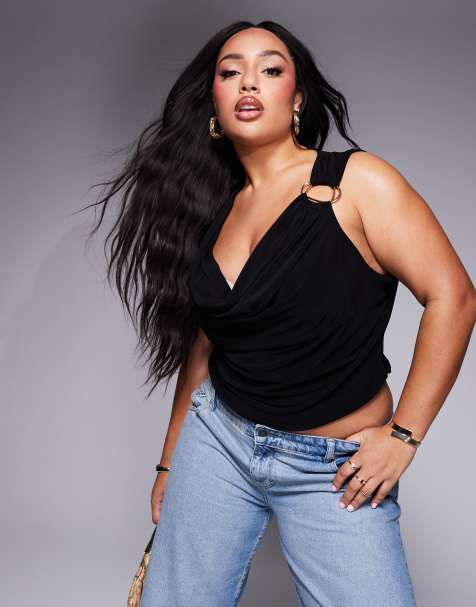 ASOS DESIGN Curve – Czarny top z mocno drapowanym dekoltem i ozdobnym wykończeniem - view 1
