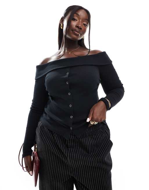 ASOS DESIGN Curve – Czarny top z odsłoniętymi ramionami i zapięciem na guziki
