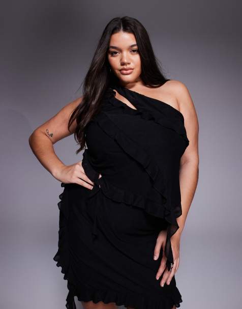 ASOS DESIGN Curve – Czarny top z siateczki z wycięciami i asymetrycznymi falbankami, część zestawu - view 1