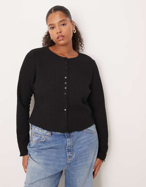 ASOS DESIGN Curve – Czarny zapinany na guziki fakturowany top z długimi rękawami