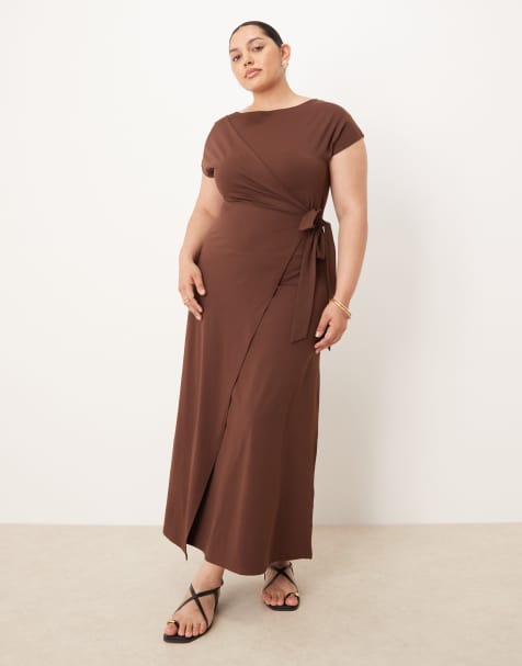 ASOS DESIGN Curve slash neck wrap maxi dress in chocolate