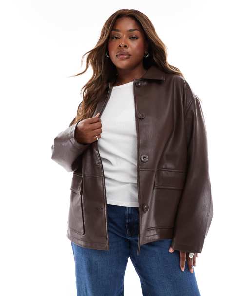 ASOS DESIGN Curve leather look harrington jacket in chocolate