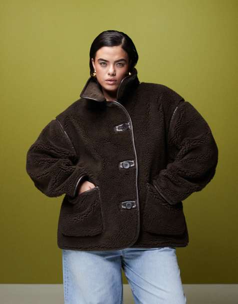 ASOS DESIGN Curve – Czekoladowa kurtka z wysokim kołnierzem ze sztucznego kożuszka - view 1