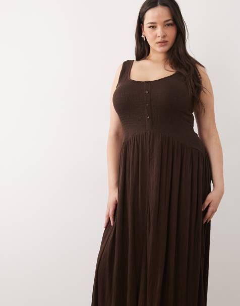 ASOS DESIGN Curve – Czekoladowa marszczona sukienka midi zapinana na guziki - view 1