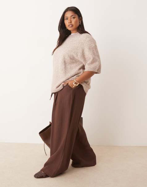 ASOS DESIGN Curve soft texture wide leg trousers with contrast stitch in chocolate