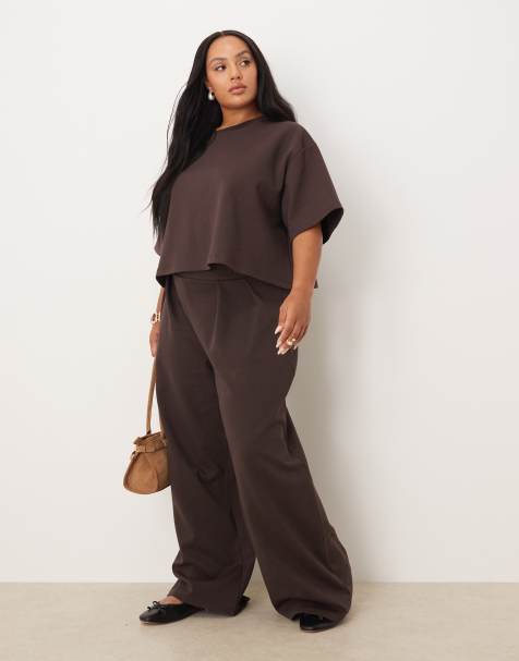 ASOS DESIGN Curve co-ord interlock wide leg trouser in chocolate