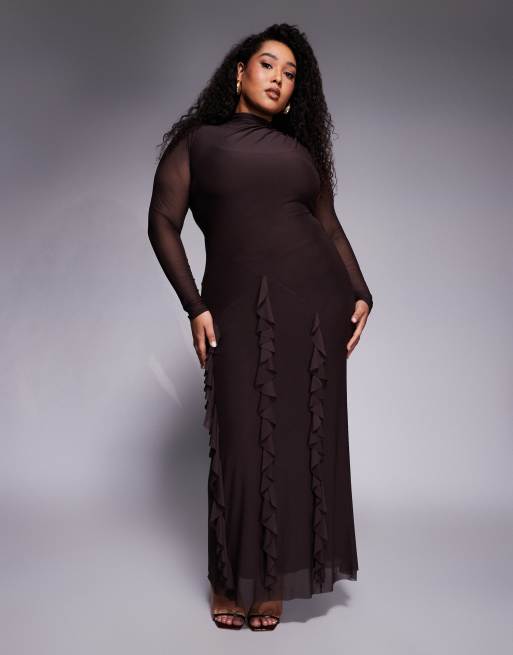 ASOS DESIGN Curve – Czekoladowobrązowa siateczkowa sukienka maxi z długimi rękawami i kaskadowymi falbanami na spódnicy