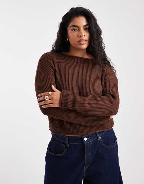 ASOS DESIGN Curve crew neck boxy rib jumper with rolled edge in chocolate