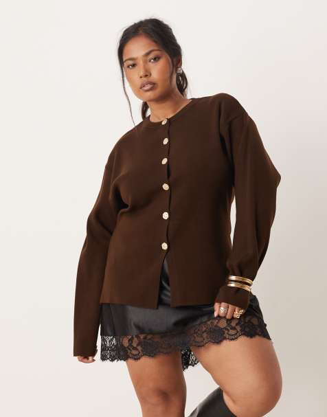 ASOS DESIGN Curve knitted structured crew neck cardigan with gold buttons in chocolate
