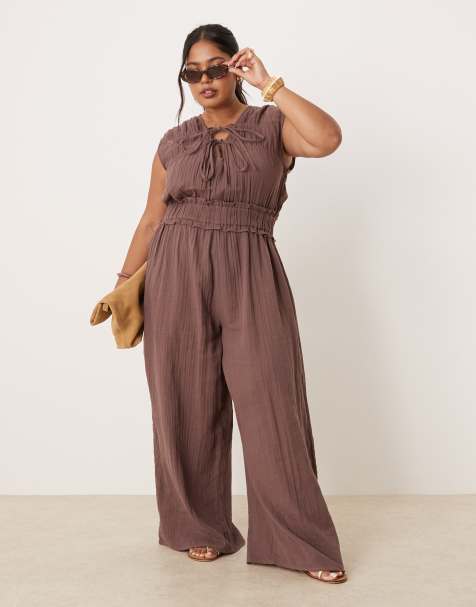 ASOS DESIGN Curve double cloth gathered bust jumpsuit in chocolate