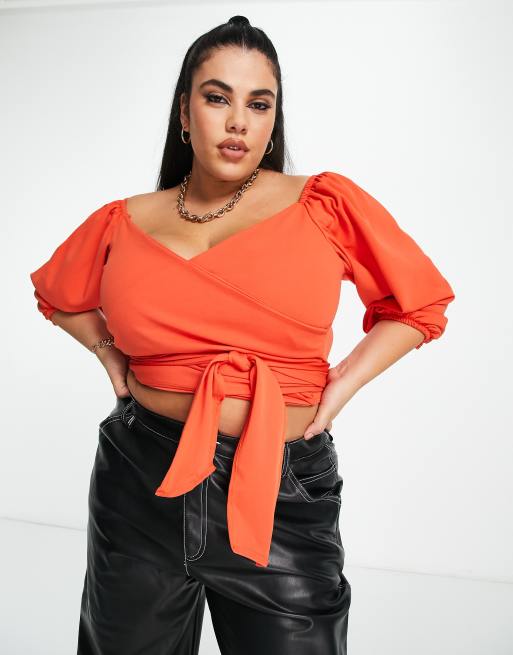 ASOS DESIGN Curve – Czerwona bluzka kopertowa z wiązaniem i obszernymi rękawami, odsłaniająca ramiona