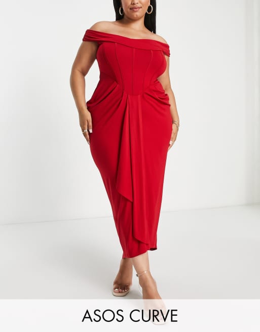 ASOS DESIGN Curve – Czerwona marszczona sukienka midi z gorsetowym dekoltem bardot