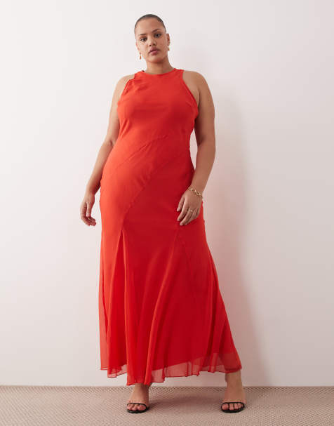 ASOS DESIGN Curve – Czerwona sukienka maxi cięta ze skosu o fasonie bokserki z godetami - view 1